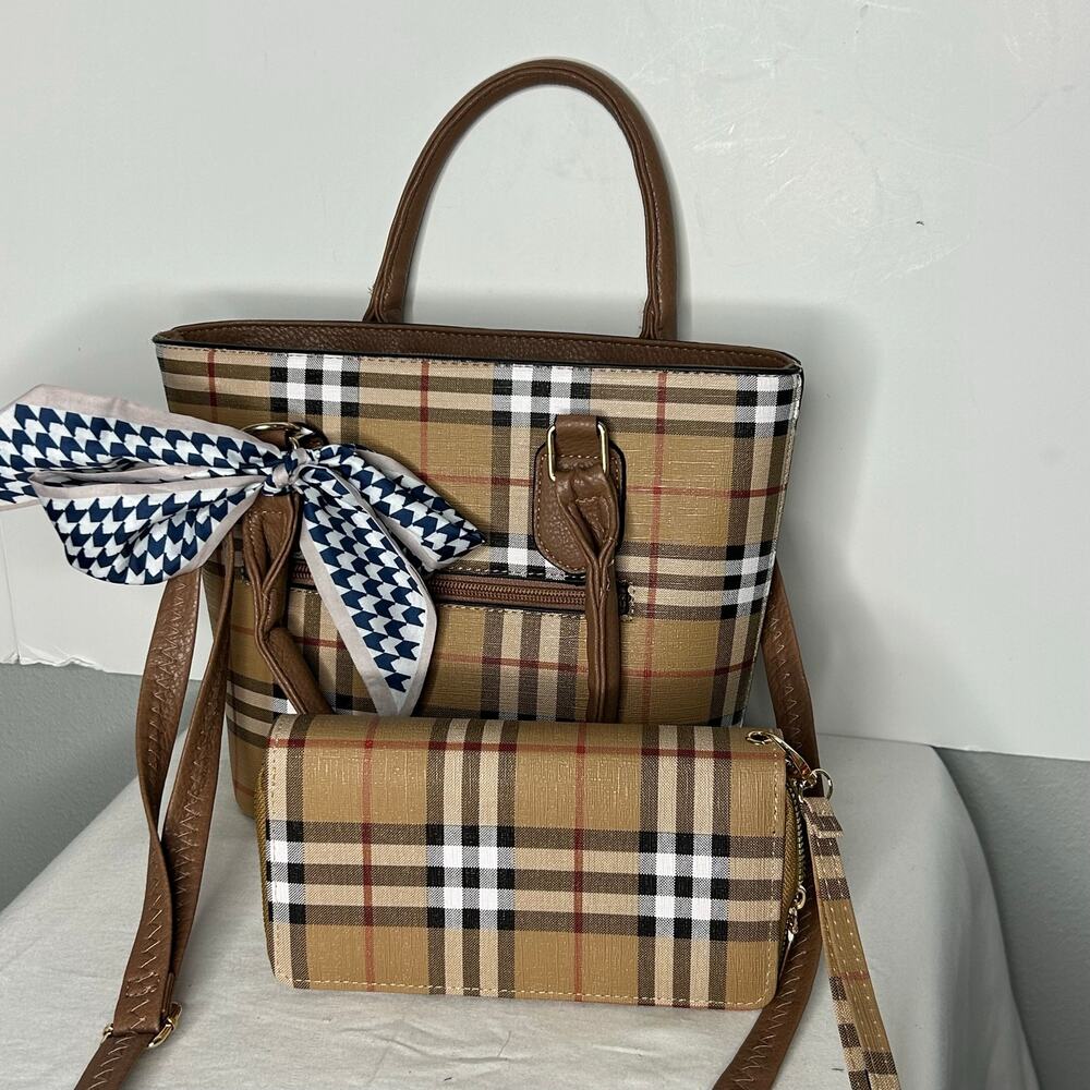 Plaid Satchel Handbag & Double-Zip Wallet Set Brown Crossbody Scarf NWOT